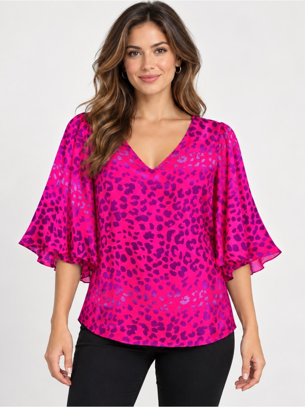 Magenta Leopard Print V-Neck Flutter Sleeve Top by